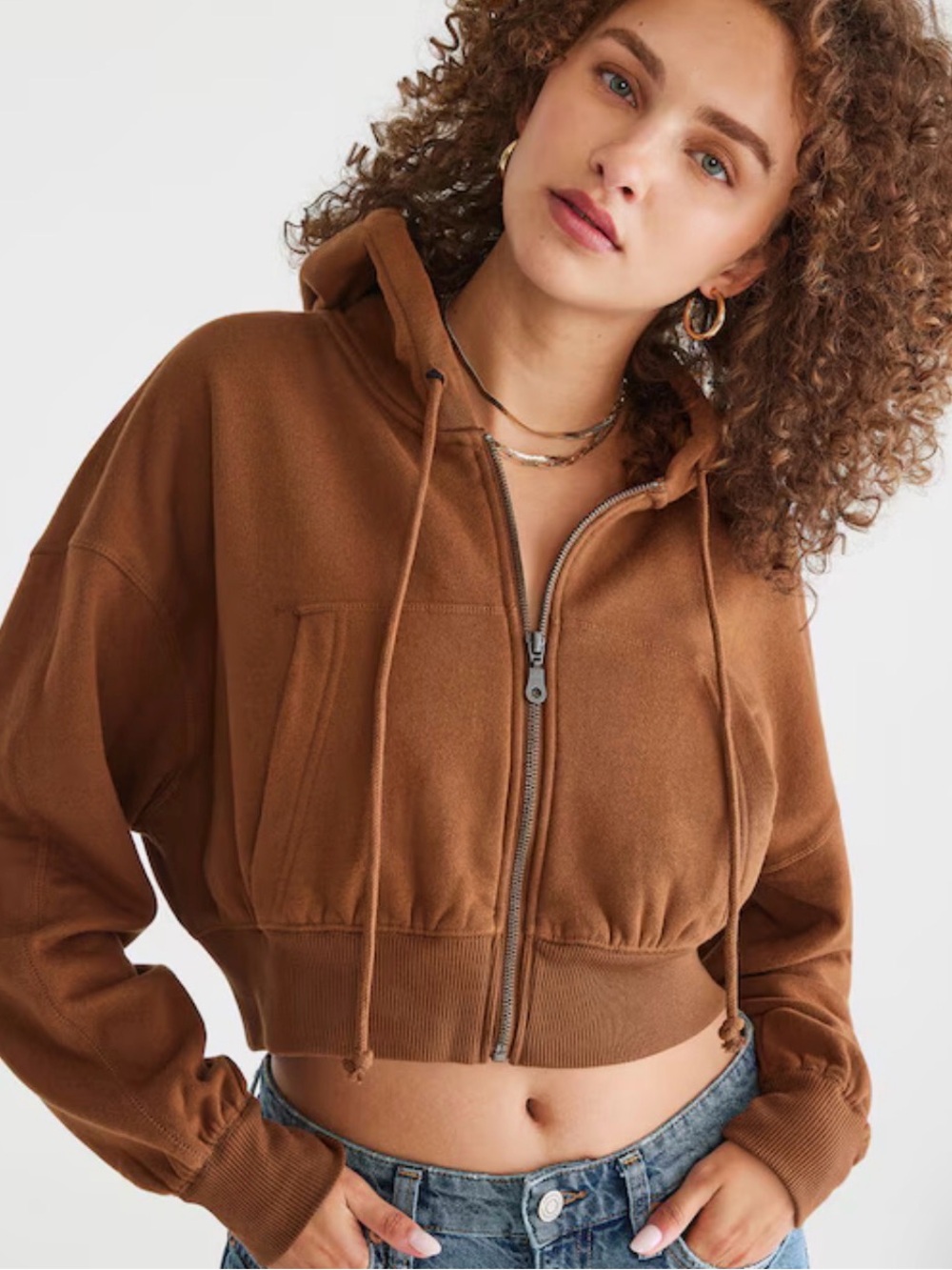 Cropped Brown Zip-Up Hoodie